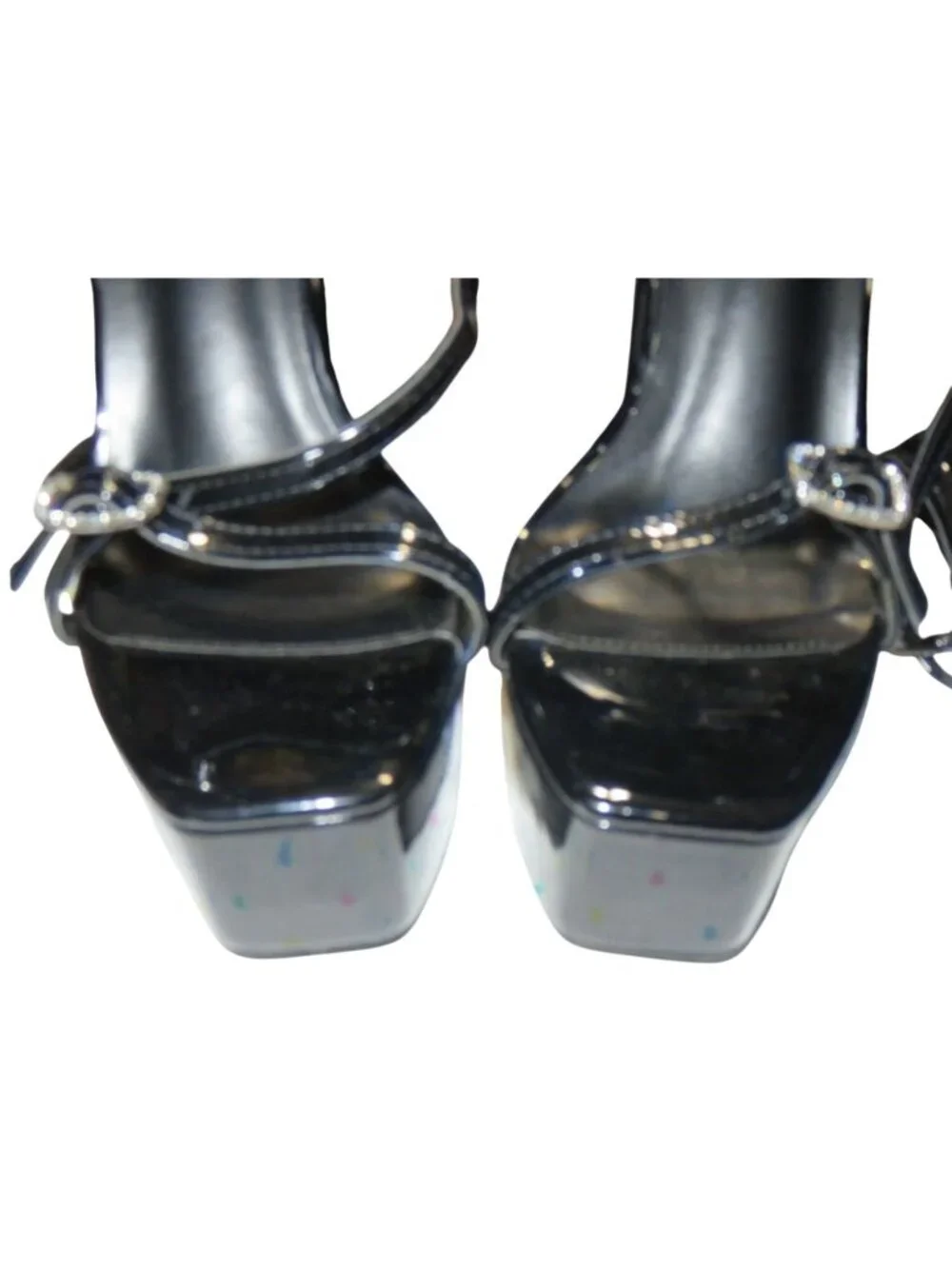 Vivianly Black Open Toe Ankle Strap Platform Vegan Patent Leather Chunky Heels
